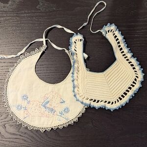 Pair of Antique Baby Bibs, Handcrafted, Cream and Blue, Vintage Baby